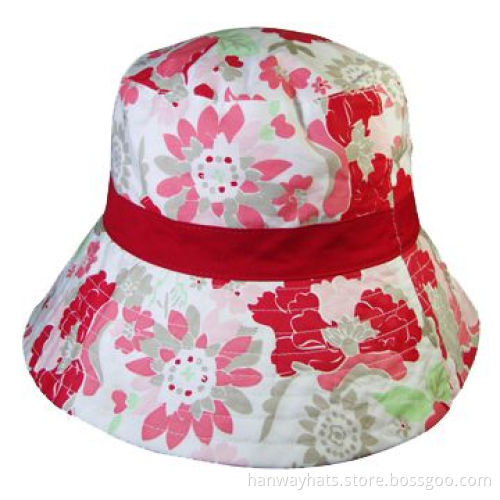 Flower Print Cotton Fabric Fashionable Bucket Hat with Band Trim